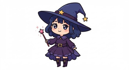 美しく描かれた鮮やかな色彩の超可愛いちび魔女キャラクターが星付きの濃い紫の帽子をかぶりキラキラ輝く魔法の杖を持つ親しみやすい表情の楽しいファンタジーイラスト. AI Generated