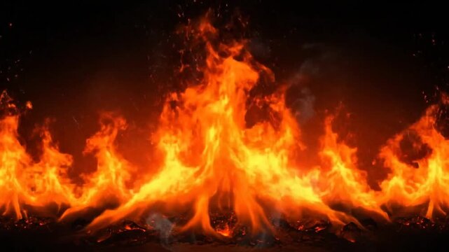 Burning flames rising up against a pitch black background creating a visual of fire and heat