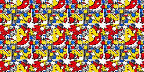 Naklejka premium Chaotic abstract seamless pattern, comic style, bold graphics, colorful pop art, repeating design, textiles, greeting cards, backgrounds