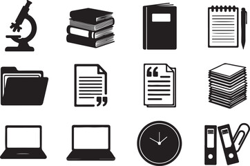 Collection of study and office supplies icons Keywords: microscope, books, stack of books, notebook, notepad, pen, folder, document, paper