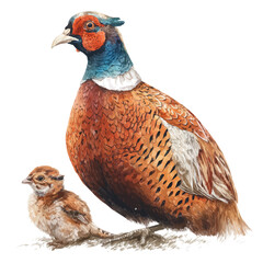 Watercolor vector illustration of Pheasant With Its Baby, isolated on white background.