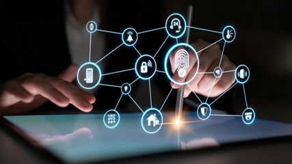 Home security icons show smart home, surveillance, and safety devices. Home security ensures...