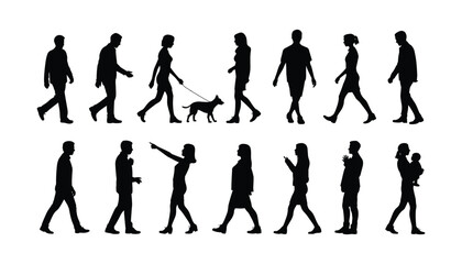 Diverse group of people and dog silhouettes walking