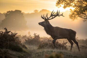 Obraz premium Majestic Deer at Dawn: A stunning deer, with impressive antlers, strides confidently across a misty landscape, the soft light of dawn illuminating its path.