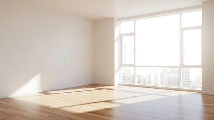 Obraz premium Bright and empty modern room with large windows and wooden floor, bathed in natural sunlight.
