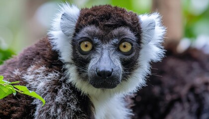 Naklejka premium Close-up portrait of a black-and-white ruffed lemur's face with striking yellow eyes and fluffy white fur accents