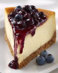 Delicious slice of cheesecake topped with blueberry sauce and fresh blueberries on a plate