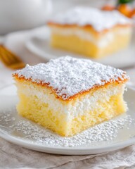 Delicious slice of fluffy coconut cake dusted with powdered sugar on a white plate