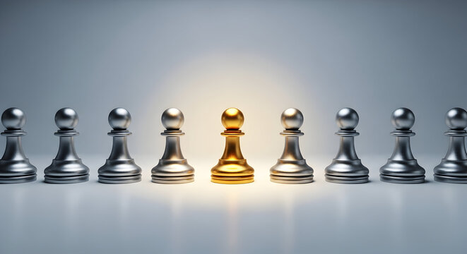 Elevate your brand with this captivating stock photo of a golden chess piece standing out amongst the silver ones, symbolizing success and leadership.