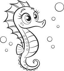 A cartoon seahorse is depicted in a black and white line art style against a clean white background. The seahorse is positioned in the center, facing towards the upper-left, with its head in a slight 