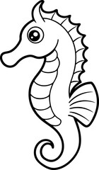 A cartoon seahorse is depicted in a black and white line art style against a clean white background. The seahorse is positioned in the center, facing towards the upper-left, with its head in a slight 