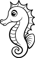 A cartoon seahorse is depicted in a black and white line art style against a clean white background. The seahorse is positioned in the center, facing towards the upper-left, with its head in a slight 