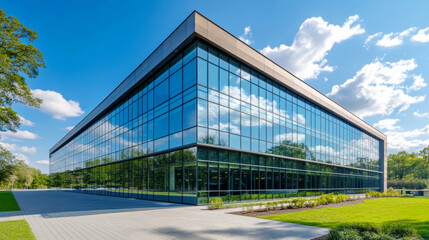 Naklejka premium Low angle view showcases a sleek, modern office building with striking glass facade reflecting a vibrant blue sky and fluffy white clouds on a sunny day