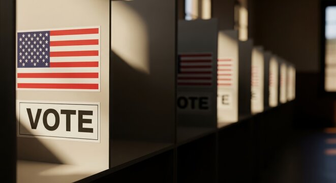 American flag and vote sign at voting booth preparing for election day illustration