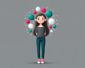 Fototapeta premium Pixel Art Young Woman With Thought Bubbles In Grey Background