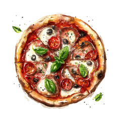Watercolor vector illustration of Pizza, isolated on white background.