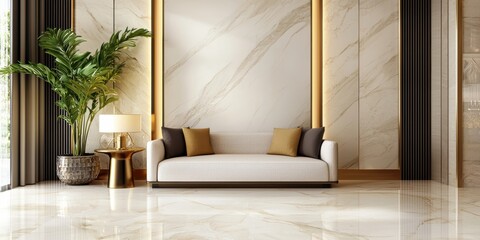 modern, elegant living space featuring a light sofa, golden accents, and a lush plant in a stylish interior.