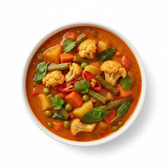 Vibrant Vegetable Curry in a White Bowl with Fresh Herbs and Chili Peppers