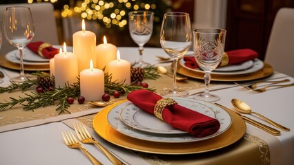 Elegant Christmas dinner table setting with candles and gold accents