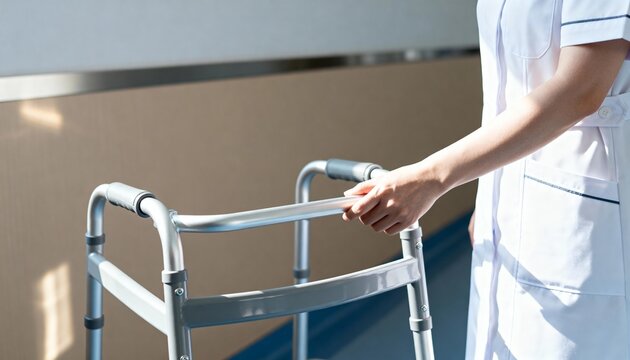 A nurse's hand on a walker providing support and assistance. Medical professional helping with mobility in a hospital. Rehabilitation and elder care concept - Powered by Adobe