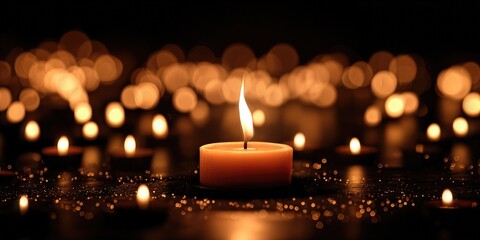 Golden Glow of Remembrance: A single candle burns brightly in the darkness, surrounded by an array of flickering candlelight, embodying hope, and reflection. 