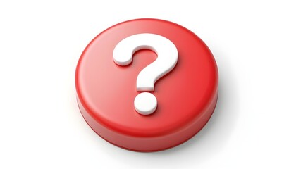 3d question mark icon on red round button or badge.3d rendering.Isolated on white background.

