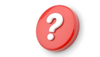 3d question mark icon on red round button or badge.3d rendering.Isolated on white background.

