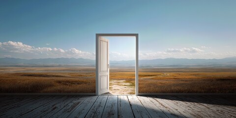 Gateway to Possibilities: An open door, framing a captivating scene of boundless potential under a vast, cloudless sky. It is a symbol of new opportunities and beckoning adventures.