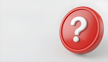 3d question mark icon on red round button or badge.3d rendering.Isolated on white background.


