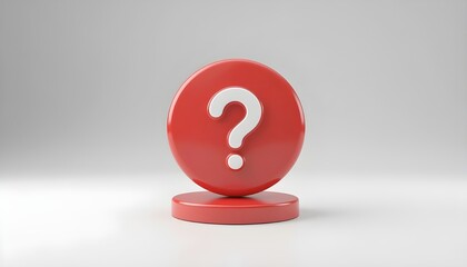3d question mark icon on red round button or badge.3d rendering.Isolated on white background.

