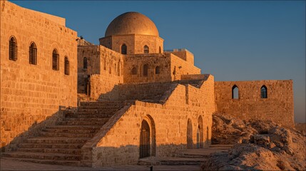 Ancient stone fortress structures ascend toward a central dome bathed in golden hour sunlight