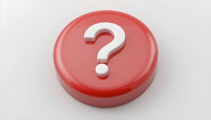3d question mark icon on red round button or badge.3d rendering.Isolated on white background.

