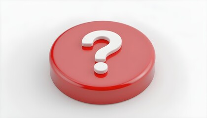 3d question mark icon on red round button or badge.3d rendering.Isolated on white background.


