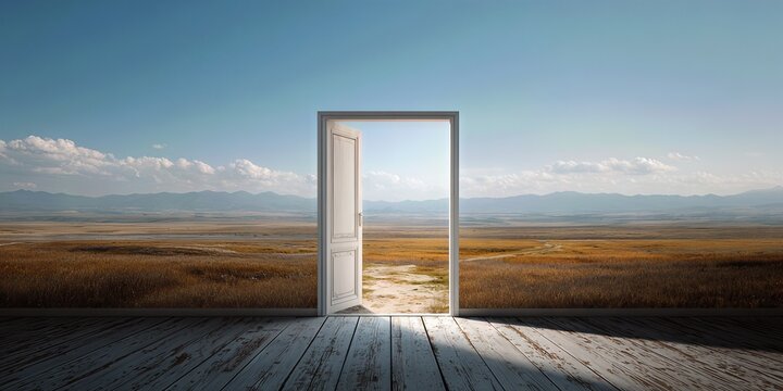 Gateway to Possibilities: An open door, framing a captivating scene of boundless potential under a vast, cloudless sky. It is a symbol of new opportunities and beckoning adventures.