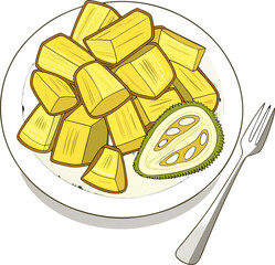 A close-up studio shot presents a white ceramic plate piled high with ripe jackfruit pods, and a silver fork. The jackfruit pods, the main subject, are a vibrant yellow color and arranged in a seeming