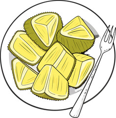 A close-up studio shot presents a white ceramic plate piled high with ripe jackfruit pods, and a silver fork. The jackfruit pods, the main subject, are a vibrant yellow color and arranged in a seeming