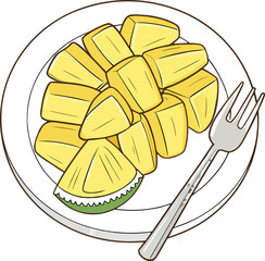 A close-up studio shot presents a white ceramic plate piled high with ripe jackfruit pods, and a silver fork. The jackfruit pods, the main subject, are a vibrant yellow color and arranged in a seeming