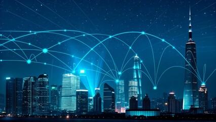 City skyline illuminated at night with digital connections and network lines showcasing urban innovation and technology