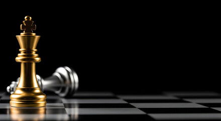 A golden chess king stands tall on the chessboard, symbolizing victory and strategic success in business, while a fallen silver king lies defeated on the board.