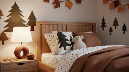 Cozy autumn bedroom with forest themed decor and plush teddy bear