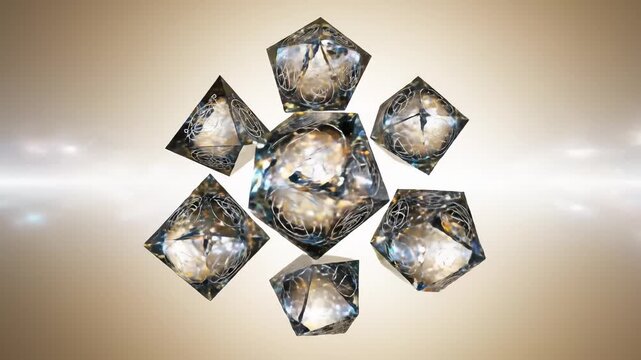 Rotating Collection of D20 Dice With Intricate Designs, Animation