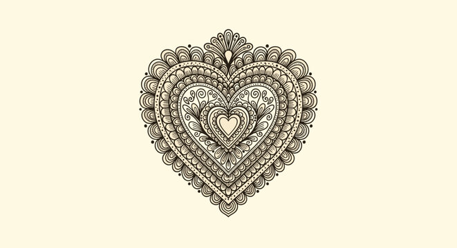Intricately detailed heart-shaped mehndi or henna tattoo design with floral and paisley patterns, on a light cream background.