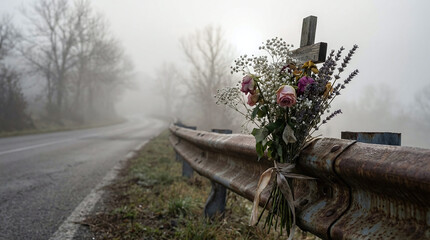 M&eacute;morial routier compos&eacute; de fleurs s&eacute;ch&eacute;es et d'une petite croix en bois, fix&eacute; &agrave; une glissi&egrave;re de s&eacute;curit&eacute; rouill&eacute;e sur une route brumeuse
