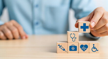 Enhance your healthcare promotion with this compelling image, showcasing a hand placing a block with a medical symbol, symbolizing quality and care.