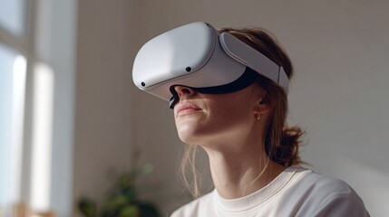 Woman using virtual reality headset for immersive gaming and entertainment experience