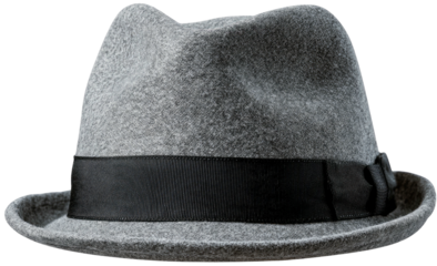 Grey fedora-style hat with black band against dark, clean background