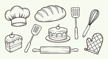 Baking Illustration Set with Chef's Hat, Bread, Cakes, and Tools