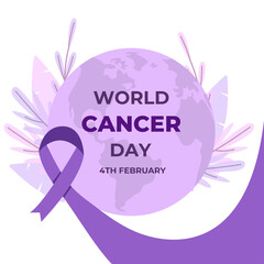 World Cancer Day vector banner with planet and purple ribbon on white background