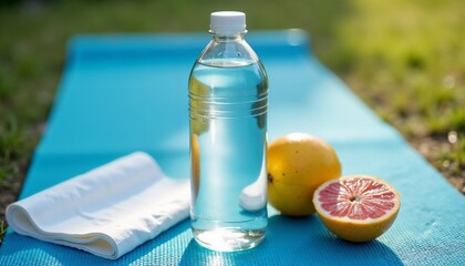 Water bottle, towel and grapefruit on fitness mat in outdoor setting. Wellness and hydration concept for healthy lifestyle.