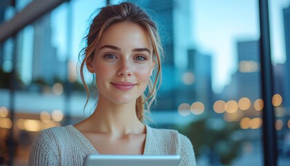 Smiling young professional woman confidently holds a digital tablet, showcasing modern business engagement and innovation against a sleek urban background